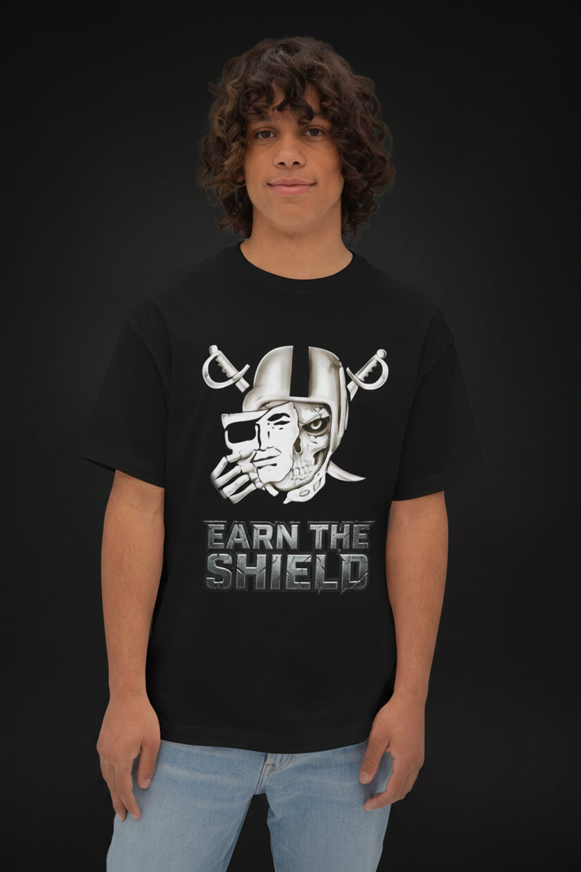 Person wearing a black t-shirt with a graphic design and text on a black background